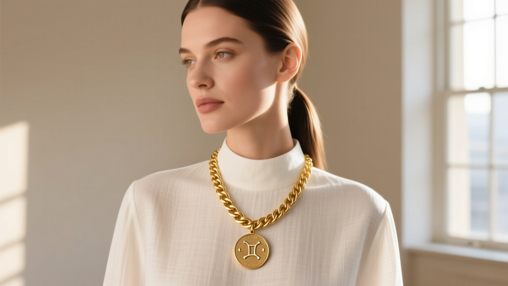 Woman wearing a layered 14k gold rolo chain with a small Gemini zodiac coin pendant, paired with a crisp white linen blouse.