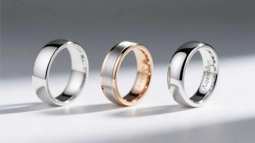 Three polished rings side-by-side: 999 fine silver, 925 sterling, and Argentium, highlighting their distinct metallic lusters