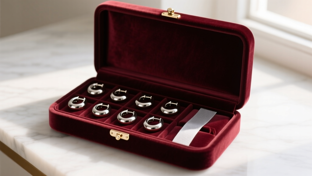 Open velvet-lined jewelry box containing anti-tarnish strips and neatly organized polished silver huggie earrings in warm lighting.