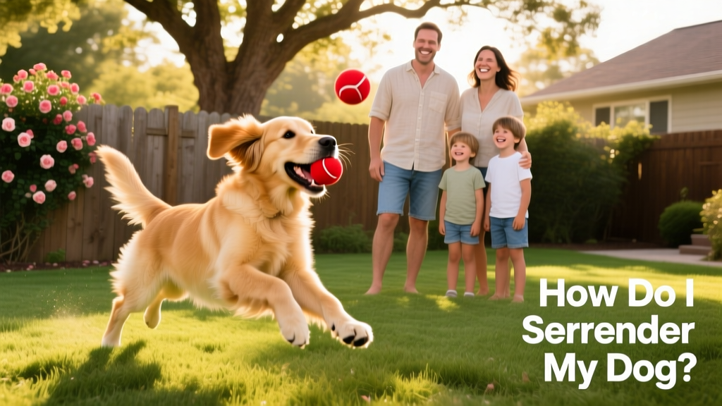 A happy dog playing fetch in a sunny backyard with a new family, showing relaxed body language and joyful expression