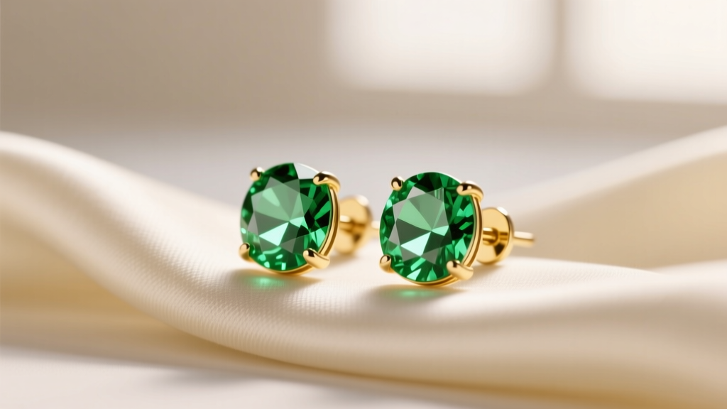 Macro shot of light green peridot stud earrings in 18k yellow gold resting on cream silk fabric under soft natural window light