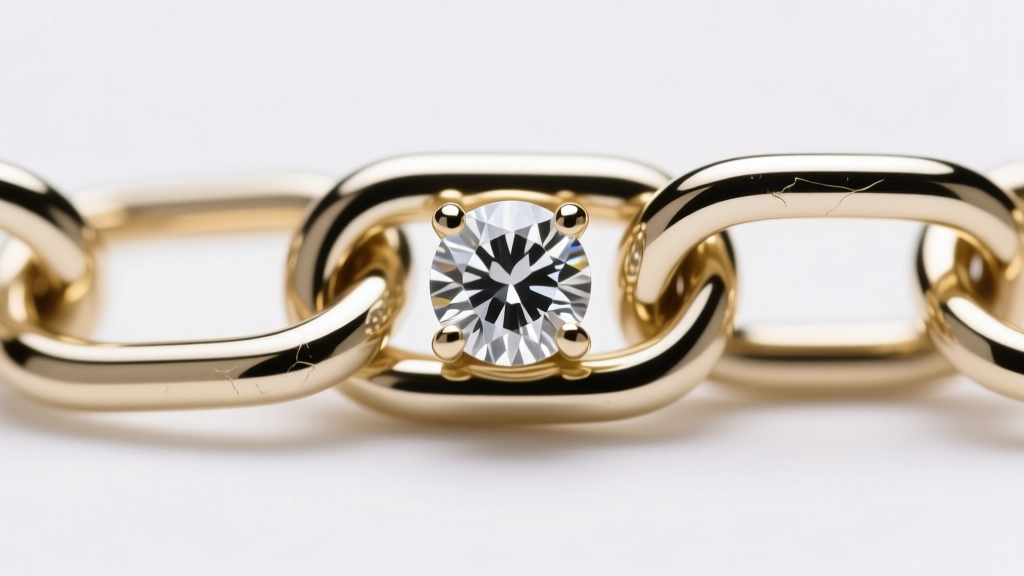 Macro shot of a white gold paperclip chain link featuring a bezel-set round brilliant diamond, highlighting polished metal edges.