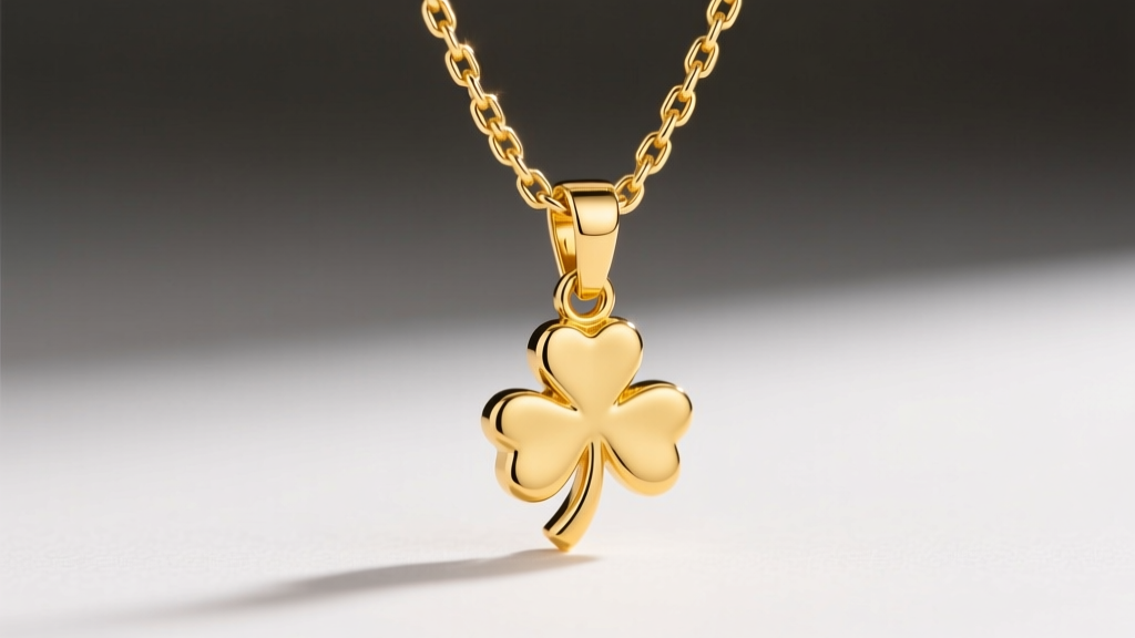 Sturdy 14k yellow gold 1.2mm box chain with a secure lobster clasp threaded through the bail of a detailed gold shamrock pendant