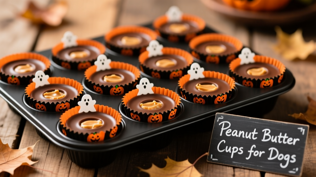 A batch of dog-safe peanut butter cups arranged on a black cupcake tin with orange and black Halloween-themed liners