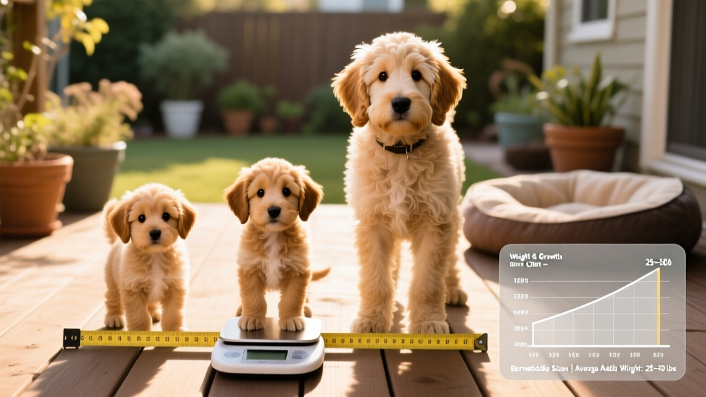 Side-by-side comparison of Tiny, Miniature, and Standard Bernedoodles standing next to a measuring tape and scale