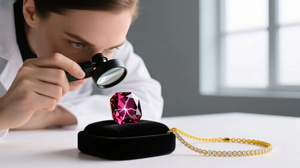 Jeweler using a loupe to inspect internal rutile silk of a natural ruby before setting the gem into a delicate yellow gold chain