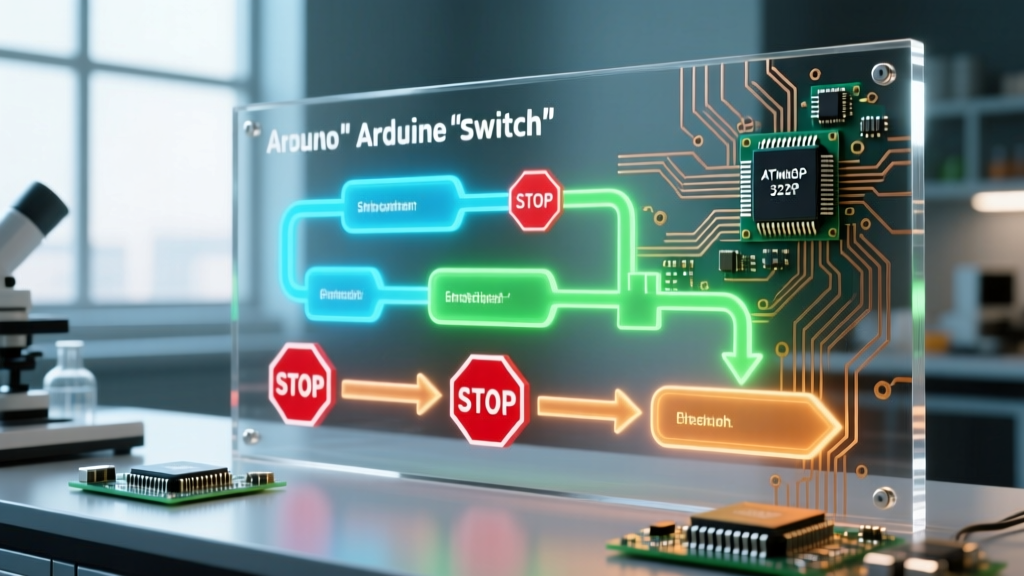 Flowchart demonstrating Arduino switch statement execution path and break conditions for embedded state machines