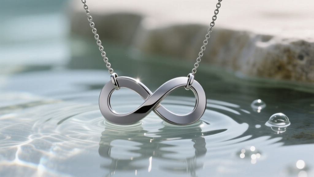 Grade 23 titanium mens infinity necklace submerged in shallow water, demonstrating high corrosion resistance and a matte gray hue