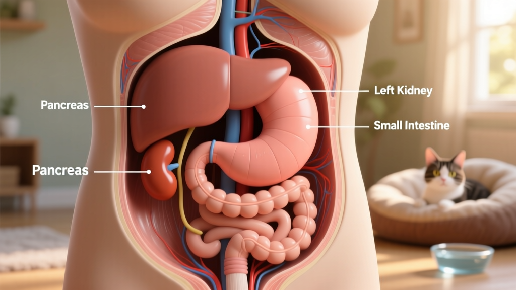 Illustration showing the location of the pancreas in a cat's abdominal cavity, labeled clearly next to the kidneys and intestines