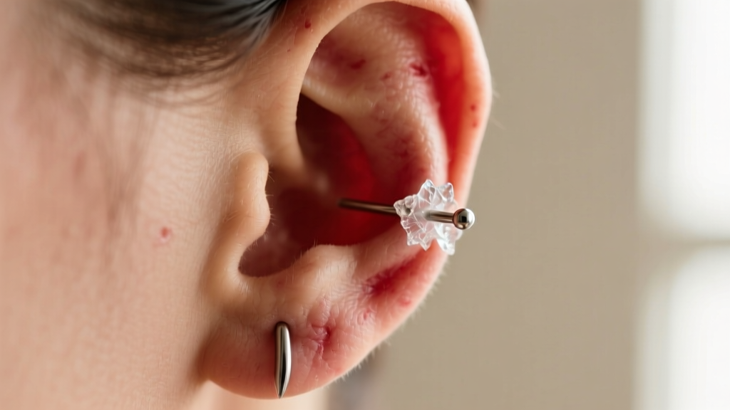 Side profile of a swollen earlobe piercing, showing a dull surgical steel stud earring embedded slightly with dried saline crust.