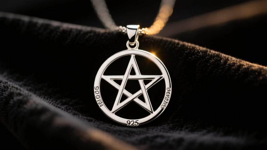 Polished 925 sterling silver necklace pentagram pendant resting on dark velvet cloth, illuminated by soft, moody studio lighting.