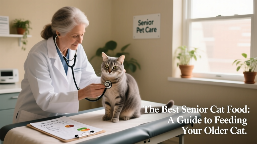 Veterinarian gently examining a senior cat during a wellness check, with stethoscope and chart visible