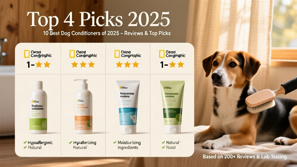 Side-by-side comparison chart of top 4 dog conditioners with ratings, key features, and packaging