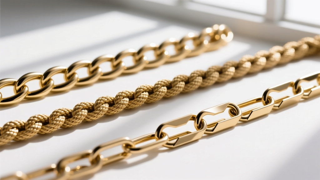 Macro shot of three distinct gold chain weaves: a sleek snake chain, a textured rope chain, and an elongated paperclip link chain.