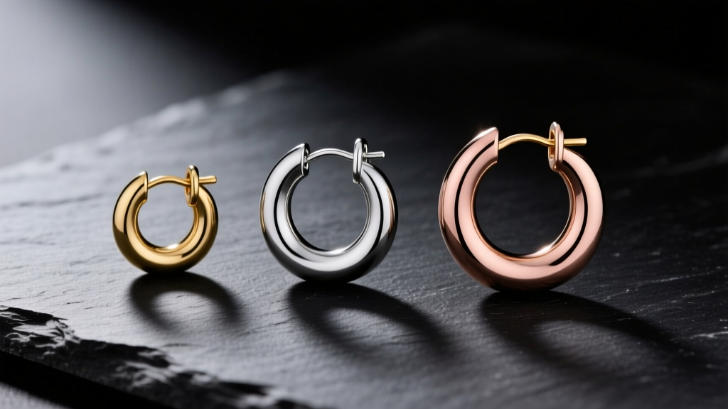 Flat lay of three different mixed metal huggie earrings on dark slate, showcasing varying inner diameters and clasp hinges.