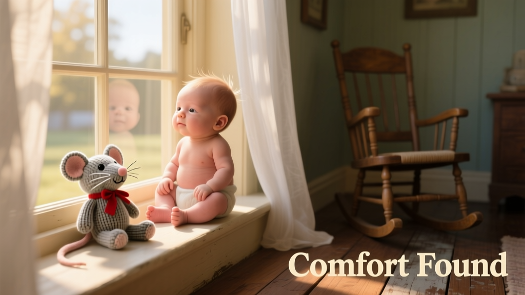 Baby sitting upright on a windowsill, bathed in soft afternoon light, gazing peacefully out the window