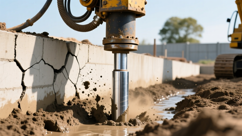 Heavy-duty hydraulic ram driving a galvanized steel push pier deep into clay soil beside a cracked concrete block foundation wall