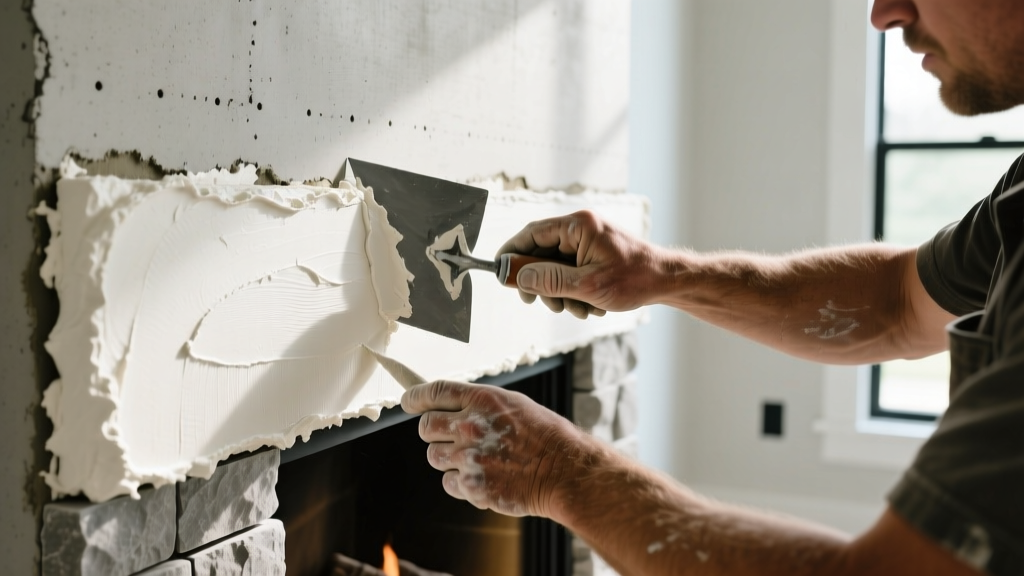 Close-up of a mason applying Type S mortar to install manufactured ledgestone veneer on a cement backer board fireplace surround