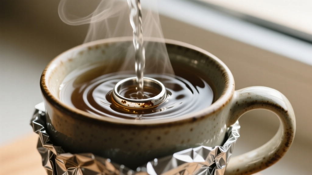 Close-up of bubbling hot water in a ceramic mug, showing a tarnished silver ring submerged and touching the aluminum foil lining.