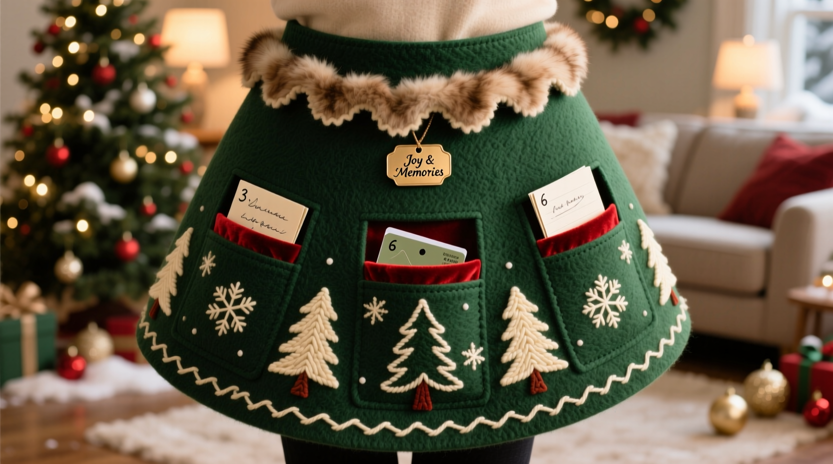 how to build a custom tree skirt with hidden pockets for gift cards and handwritten notes