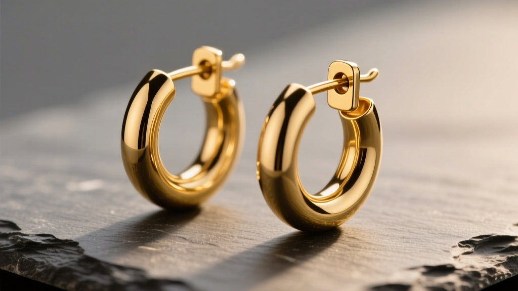 Macro shot of 14k gold donut hoop earrings on slate, showing the thick tubular profile and hinged clasp under warm lighting.
