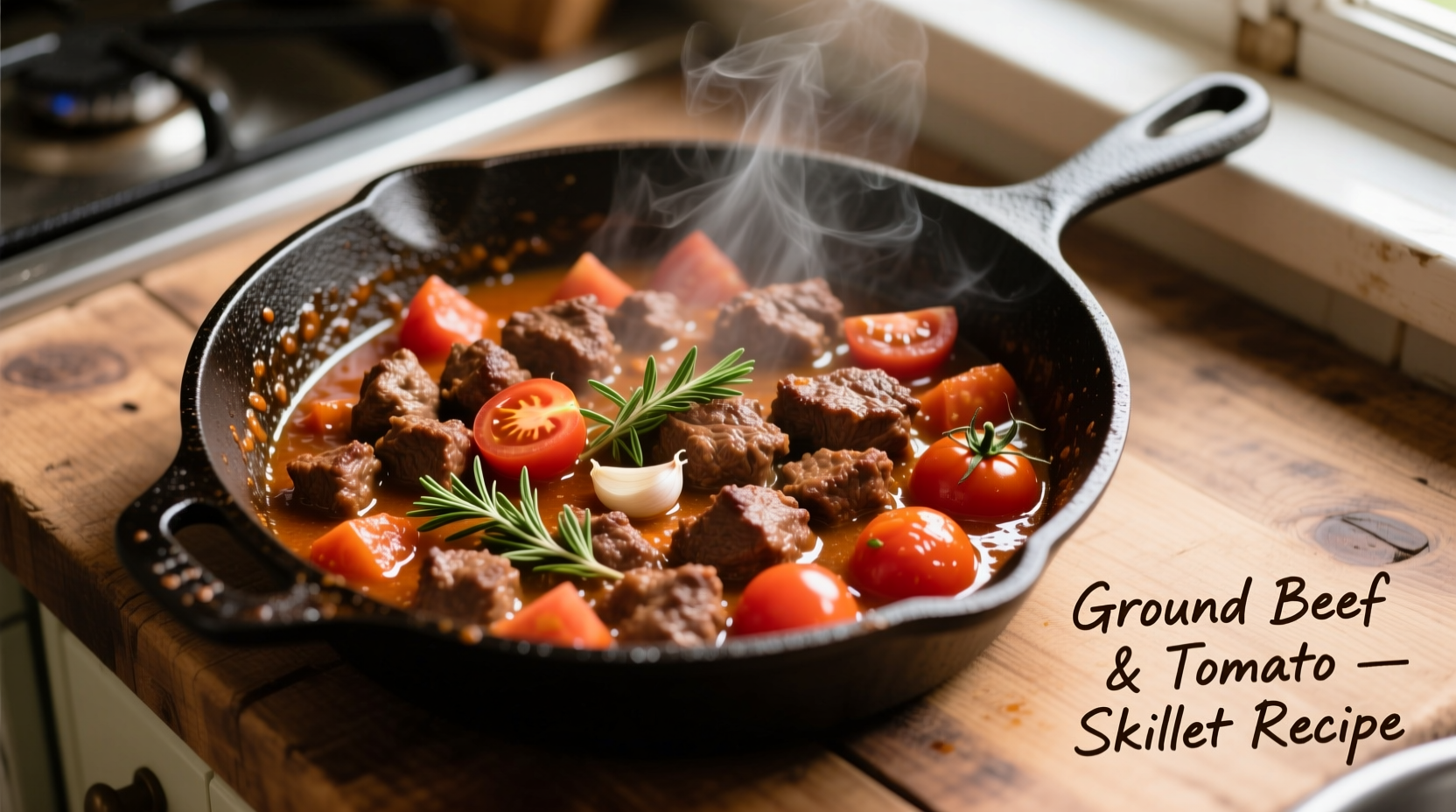 Ground beef and tomato skillet recipe in cast iron pan