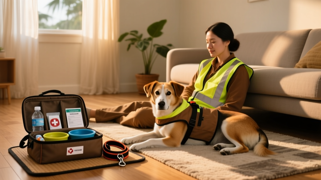 A calm indoor scene: a dog rests beside its owner on the floor, both wearing reflective vests; a well-organized pet emergency kit sits nearby with labeled supplies.