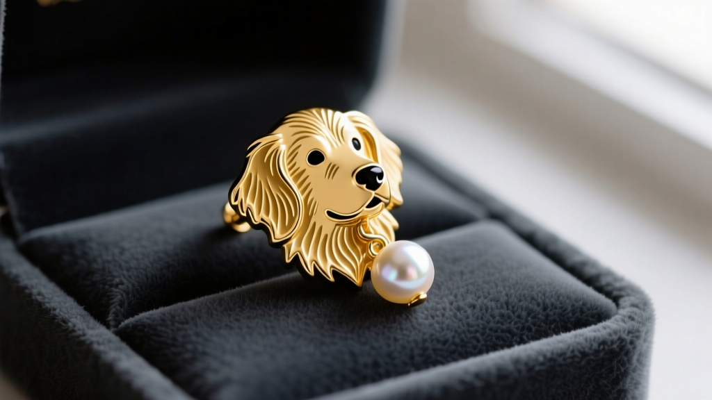 Close-up of a golden retriever enamel stud earring with a dangling freshwater pearl, resting on a dark velvet jewelry display pad.