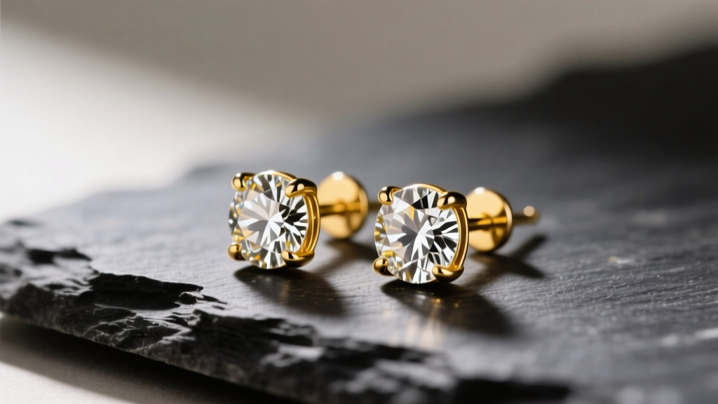 Close-up of sparkling 18k yellow gold diamond stud earrings on dark slate, soft lighting highlighting facets and gold texture.