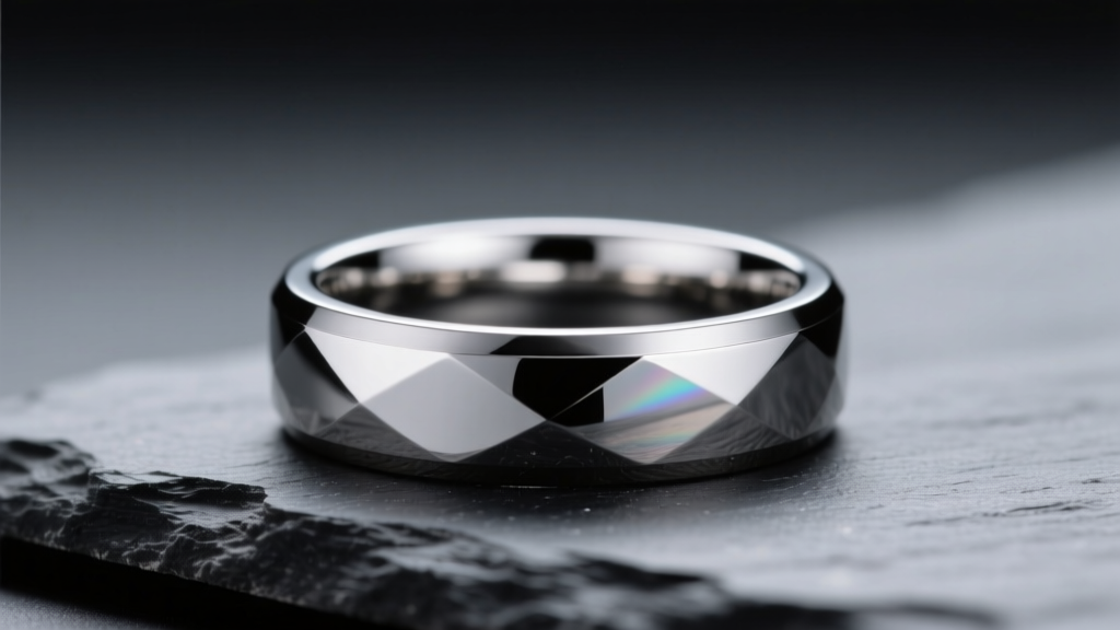 Close-up of a polished Grade 5 titanium wedding band on dark slate, reflecting soft studio lighting to show its mirror finish.