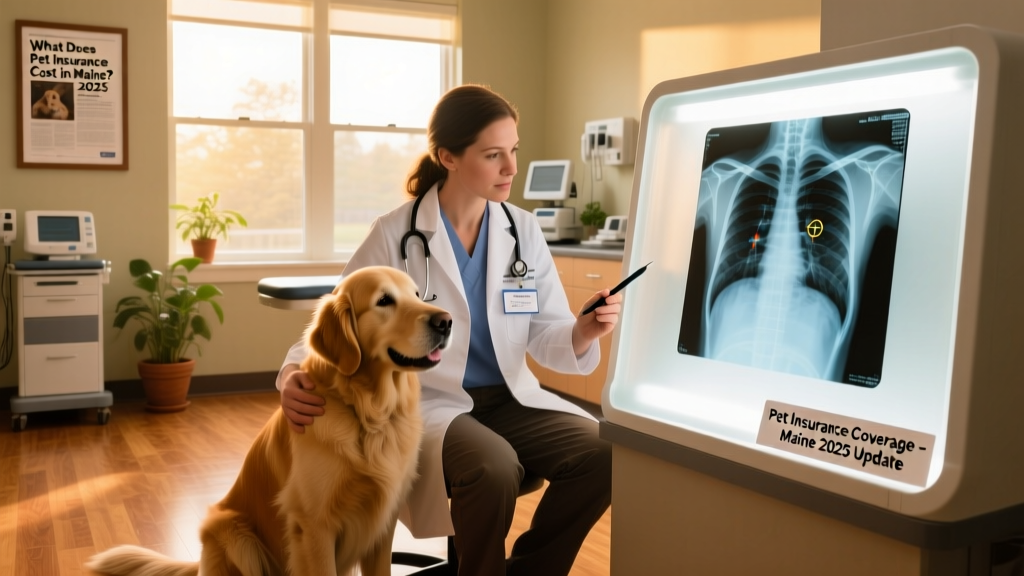 A friendly golden retriever sitting beside a veterinarian examining an x-ray on a lightbox in a sunlit clinic