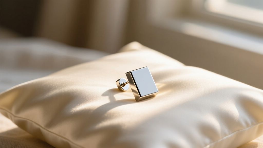Close-up of an implant-grade titanium flat back earring resting on a soft silk pillowcase, illuminated by warm morning light.