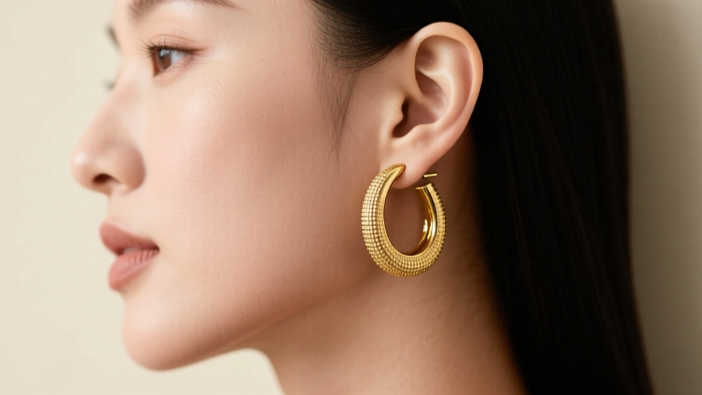 Side profile showing a 20mm textured gold hoop earring resting just below the earlobe, demonstrating proper inner diameter fit.
