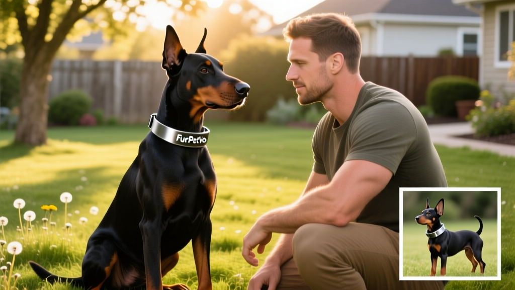 A well-muscled Doberman Pinscher sitting attentively beside its owner on a grassy yard, wearing a FurPetVo training collar