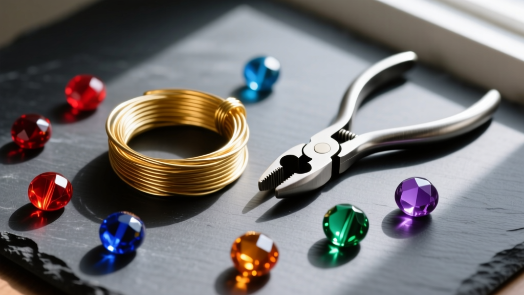 Overhead flat lay of 20-gauge gold-filled wire, round nose pliers, and vibrant fire-polished glass beads on dark slate
