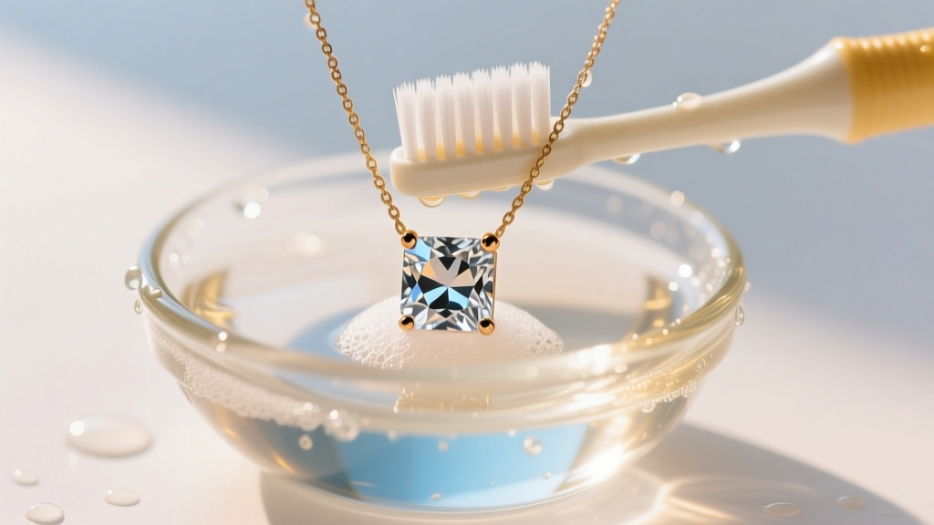 Soft-bristled baby toothbrush gently cleaning a cloudy cubic zirconia solitaire necklace in a small glass bowl of warm soapy water