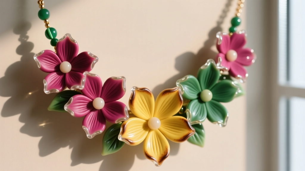 Macro shot of a polymer clay flower beaded necklace showing baked matte texture and protective resin coating on the petal edges
