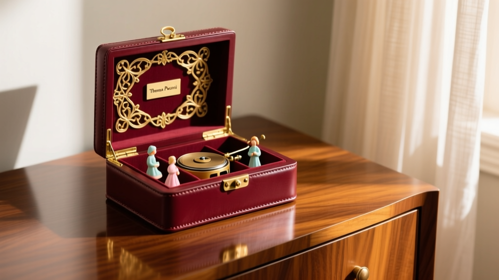 Vintage Thomas Pacconi musical jewelry box in burgundy faux leather, sitting open on a mahogany dresser in soft morning light