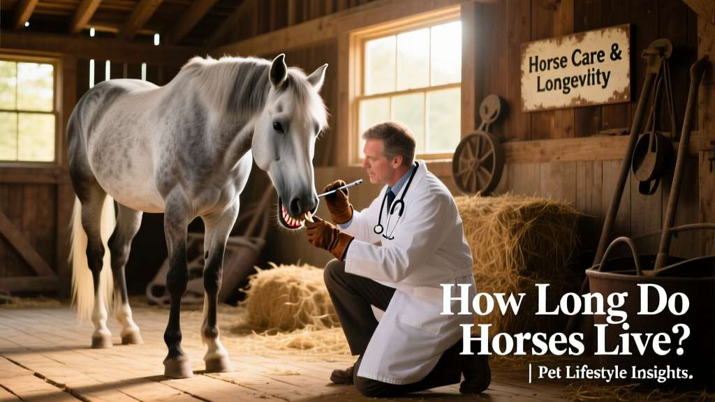 Senior horse receiving gentle dental examination from a veterinarian in a well-lit barn setting
