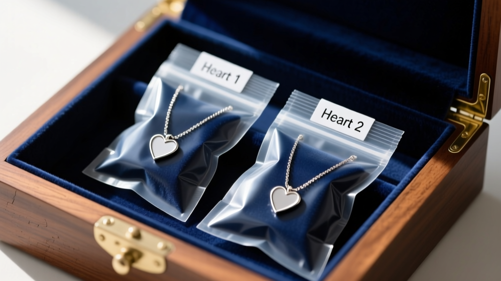 Anti-tarnish ziplock bags holding separate 2 heart necklaces, stored neatly inside a velvet-lined wooden jewelry box drawer