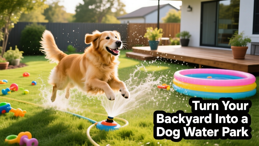 A golden retriever joyfully splashing through a rotating lawn sprinkler in a sunny backyard