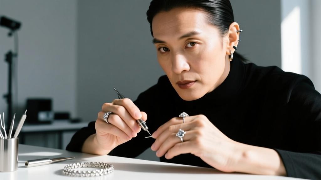 Close-up of a professional piercer's gloved hands holding a steel insertion taper near a healed earlobe, soft clinical lighting.