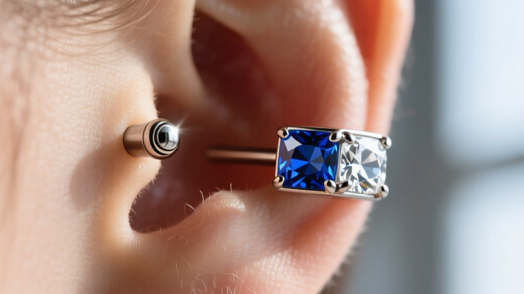 Macro shot of a 16-gauge titanium helix hoop and tragus stud on a pierced ear, clinical lighting, sharp focus on the gems.