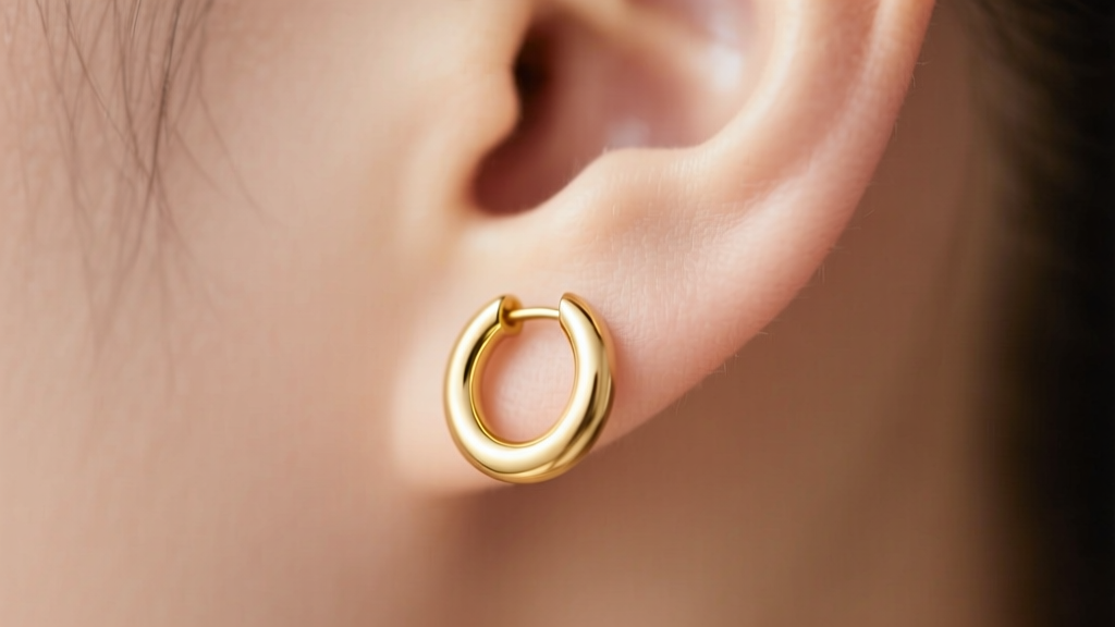 Minimalist 14k solid gold 5mm washer earring sitting flush against an earlobe piercing, captured in soft, warm studio lighting.