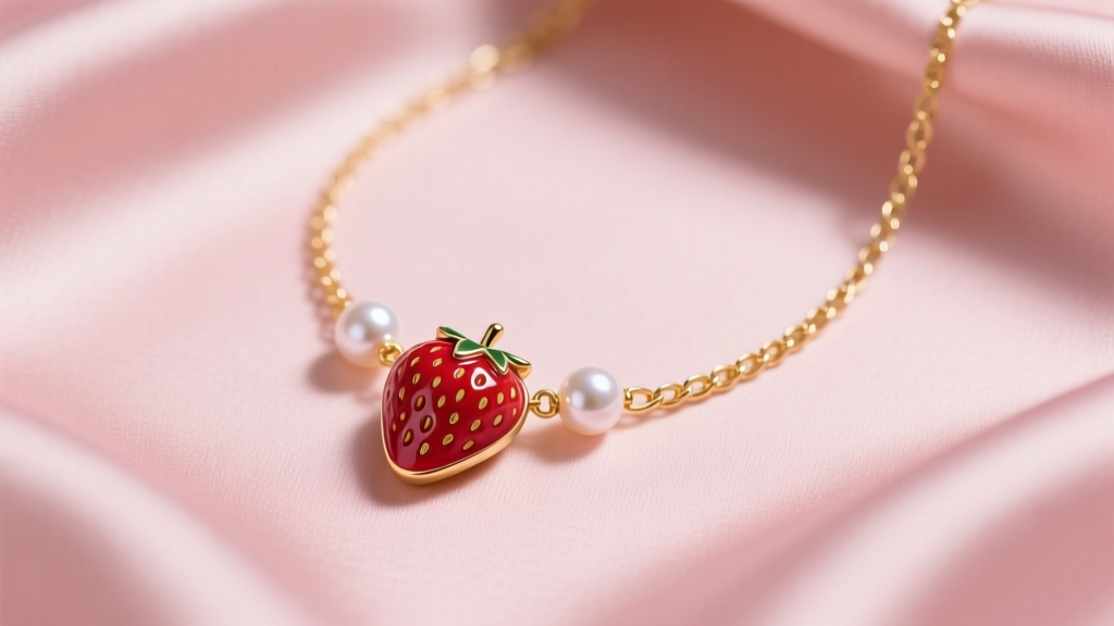 Flat lay of a delicate 14k gold chain featuring a baked enamel strawberry pendant and tiny freshwater pearl accents on pink silk.