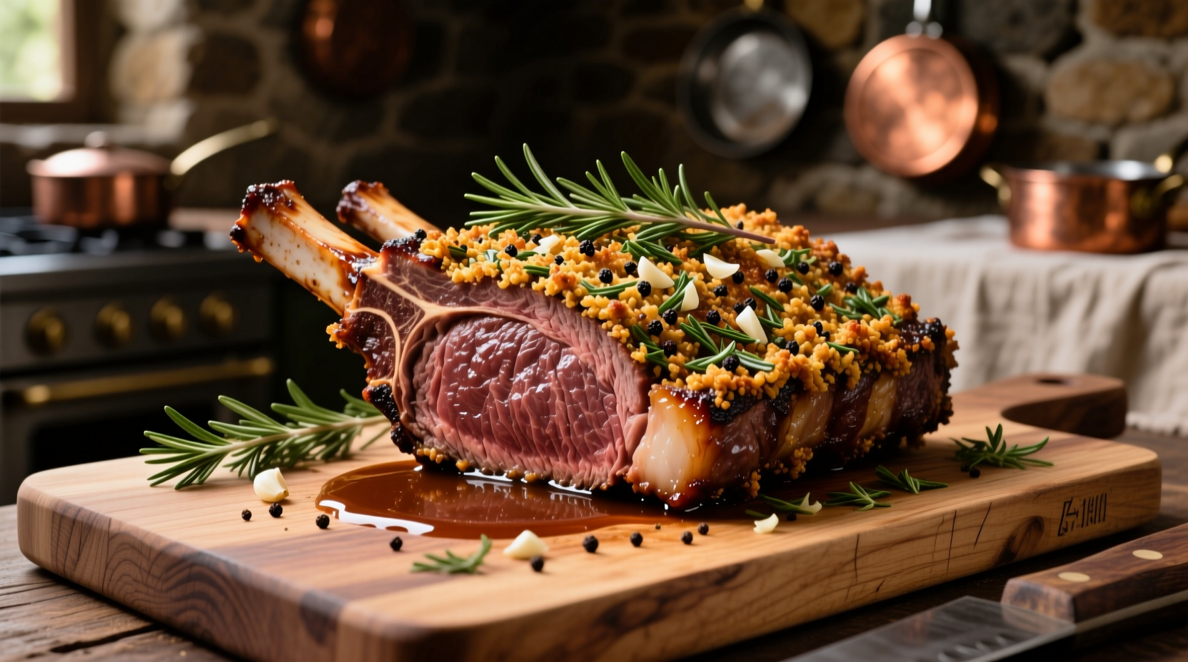 Perfectly roasted rib of beef with herb crust on carving board