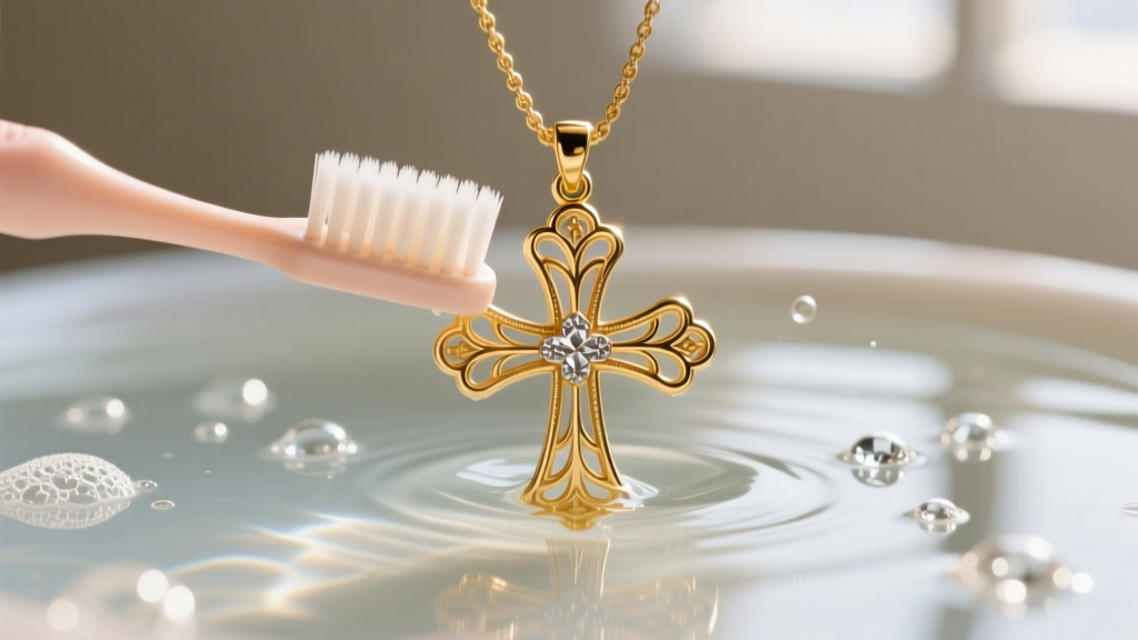 Soft baby toothbrush gently scrubbing the intricate details of a gold vermeil cross pendant submerged in a mild soapy water bath.