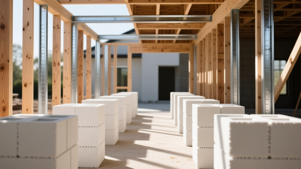 Architectural rendering showing exposed wood studs, galvanized steel framing, and stacked foam ICF blocks on a residential construction site