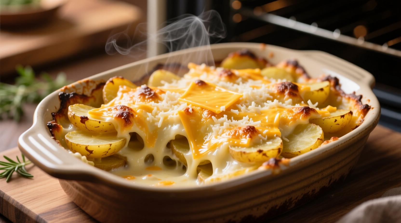 Golden potato casserole with crispy cheese topping in baking dish