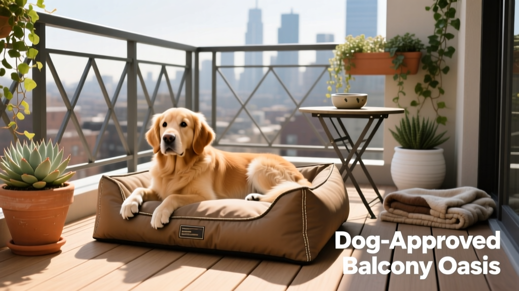 Stylish, weatherproof outdoor dog bed on a sunlit apartment balcony with railings and potted plants